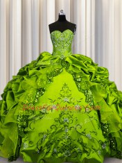 Olive Green Lace Up Quinceanera Dress Beading and Embroidery and Ruffles and Sequins and Pick Ups Sleeveless Floor Length