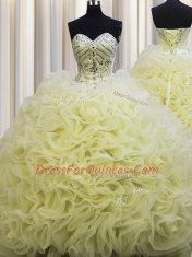 Rolling Flowers Brush Train Light Yellow Sleeveless Beading and Pick Ups Floor Length Quinceanera Gown