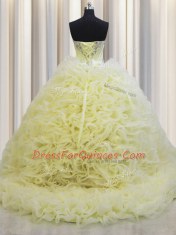 Rolling Flowers Brush Train Light Yellow Sleeveless Beading and Pick Ups Floor Length Quinceanera Gown