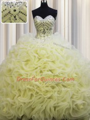 Rolling Flowers Brush Train Light Yellow Sleeveless Beading and Pick Ups Floor Length Quinceanera Gown