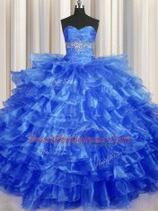 Most Popular Ruffled Layers Ball Gowns Quince Ball Gowns Royal Blue Sweetheart Organza Sleeveless Floor Length Lace Up