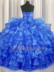 Most Popular Ruffled Layers Ball Gowns Quince Ball Gowns Royal Blue Sweetheart Organza Sleeveless Floor Length Lace Up
