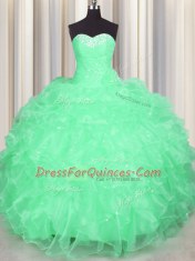 Decent Apple Green Sleeveless Floor Length Beading and Ruffles Lace Up Quinceanera Gowns