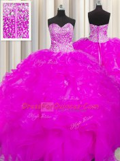 Visible Boning Beaded Bodice Ball Gowns Quinceanera Dresses Fuchsia Sweetheart Organza Sleeveless Floor Length Lace Up