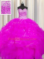 Visible Boning Beaded Bodice Ball Gowns Quinceanera Dresses Fuchsia Sweetheart Organza Sleeveless Floor Length Lace Up