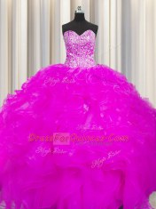 Visible Boning Beaded Bodice Ball Gowns Quinceanera Dresses Fuchsia Sweetheart Organza Sleeveless Floor Length Lace Up
