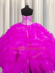 Visible Boning Beaded Bodice Ball Gowns Quinceanera Dresses Fuchsia Sweetheart Organza Sleeveless Floor Length Lace Up