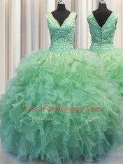 V Neck Zipper Up Floor Length Zipper Quinceanera Dress Green for Military Ball and Sweet 16 and Quinceanera with Beading and Ruffles