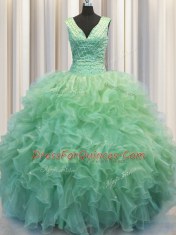 V Neck Zipper Up Floor Length Zipper Quinceanera Dress Green for Military Ball and Sweet 16 and Quinceanera with Beading and Ruffles