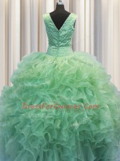 V Neck Zipper Up Floor Length Zipper Quinceanera Dress Green for Military Ball and Sweet 16 and Quinceanera with Beading and Ruffles