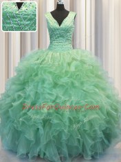 V Neck Zipper Up Floor Length Zipper Quinceanera Dress Green for Military Ball and Sweet 16 and Quinceanera with Beading and Ruffles