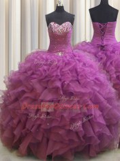 Beaded Bust Floor Length Ball Gowns Sleeveless Fuchsia 15th Birthday Dress Lace Up