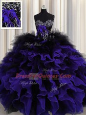 Beautiful Black And Purple Sleeveless Beading and Ruffles Floor Length Quinceanera Gowns