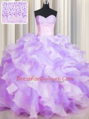 Two Tone Visible Boning Multi-color Organza Lace Up Sweetheart Sleeveless Floor Length Quince Ball Gowns Beading and Ruffles