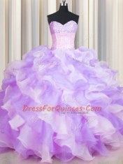 Two Tone Visible Boning Multi-color Organza Lace Up Sweetheart Sleeveless Floor Length Quince Ball Gowns Beading and Ruffles