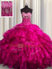 Fuchsia Lace Up Ball Gown Prom Dress Beading and Ruffles Sleeveless Brush Train