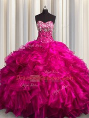 Fuchsia Lace Up Ball Gown Prom Dress Beading and Ruffles Sleeveless Brush Train