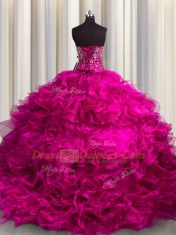 Fuchsia Lace Up Ball Gown Prom Dress Beading and Ruffles Sleeveless Brush Train