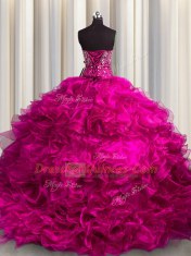 Fuchsia Lace Up Ball Gown Prom Dress Beading and Ruffles Sleeveless Brush Train