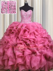 Exquisite Visible Boning Bling-bling With Train Ball Gowns Sleeveless Rose Pink 15 Quinceanera Dress Brush Train Lace Up