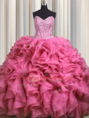 Exquisite Visible Boning Bling-bling With Train Ball Gowns Sleeveless Rose Pink 15 Quinceanera Dress Brush Train Lace Up