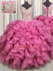 Rose Pink Ball Gowns Organza V-neck Sleeveless Beading and Ruffles Floor Length Lace Up Vestidos de Quinceanera