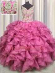 Rose Pink Ball Gowns Organza V-neck Sleeveless Beading and Ruffles Floor Length Lace Up Vestidos de Quinceanera