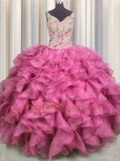 Rose Pink Ball Gowns Organza V-neck Sleeveless Beading and Ruffles Floor Length Lace Up Vestidos de Quinceanera