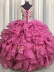 Rose Pink Ball Gowns Organza V-neck Sleeveless Beading and Ruffles Floor Length Lace Up Vestidos de Quinceanera