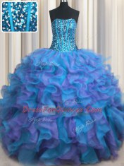 Lovely Visible Boning Bling-bling Multi-color Sleeveless Floor Length Beading and Ruffles Lace Up Ball Gown Prom Dress