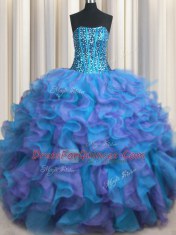 Lovely Visible Boning Bling-bling Multi-color Sleeveless Floor Length Beading and Ruffles Lace Up Ball Gown Prom Dress