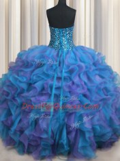 Lovely Visible Boning Bling-bling Multi-color Sleeveless Floor Length Beading and Ruffles Lace Up Ball Gown Prom Dress