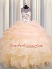 Fashion Scoop See Through Sleeveless Floor Length Beading and Ruffles and Pick Ups Lace Up 15 Quinceanera Dress with Peach