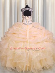 Fashion Scoop See Through Sleeveless Floor Length Beading and Ruffles and Pick Ups Lace Up 15 Quinceanera Dress with Peach