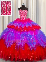 Simple Bling-bling Visible Boning Multi-color Tulle Lace Up Quince Ball Gowns Sleeveless Floor Length Beading and Ruffles and Ruffled Layers and Sequins