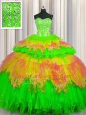 Bling-bling Visible Boning Multi-color Sleeveless Floor Length Beading and Ruffles and Ruffled Layers and Sequins Lace Up Vestidos de Quinceanera