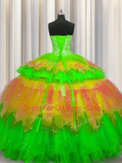 Bling-bling Visible Boning Multi-color Sleeveless Floor Length Beading and Ruffles and Ruffled Layers and Sequins Lace Up Vestidos de Quinceanera