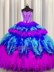 Modern Bling-bling Visible Boning Sweetheart Sleeveless Tulle Quinceanera Dress Beading and Ruffles and Ruffled Layers and Sequins Lace Up