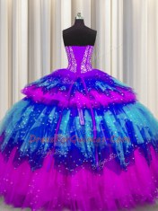 Modern Bling-bling Visible Boning Sweetheart Sleeveless Tulle Quinceanera Dress Beading and Ruffles and Ruffled Layers and Sequins Lace Up