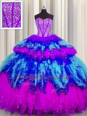 Modern Bling-bling Visible Boning Sweetheart Sleeveless Tulle Quinceanera Dress Beading and Ruffles and Ruffled Layers and Sequins Lace Up