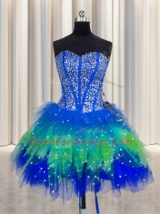 Spectacular Three Piece Visible Boning Multi-color Sleeveless Tulle Lace Up Quinceanera Dresses for Military Ball and Sweet 16 and Quinceanera
