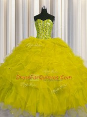 Nice Visible Boning Tulle Sleeveless Floor Length Quince Ball Gowns and Beading and Ruffles and Sequins