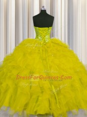 Nice Visible Boning Tulle Sleeveless Floor Length Quince Ball Gowns and Beading and Ruffles and Sequins