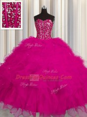 Inexpensive Visible Boning Floor Length Lace Up Sweet 16 Quinceanera Dress Fuchsia for Military Ball and Sweet 16 and Quinceanera with Beading and Ruffles and Sequins