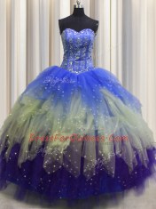 Charming Visible Boning Multi-color Sleeveless Tulle Lace Up 15 Quinceanera Dress for Military Ball and Sweet 16 and Quinceanera
