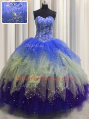 Charming Visible Boning Multi-color Sleeveless Tulle Lace Up 15 Quinceanera Dress for Military Ball and Sweet 16 and Quinceanera