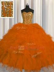 Traditional Visible Boning Rust Red Lace Up Sweetheart Beading and Ruffles and Sequins 15 Quinceanera Dress Tulle Sleeveless