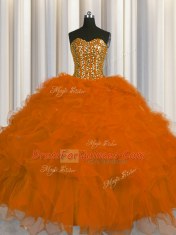 Traditional Visible Boning Rust Red Lace Up Sweetheart Beading and Ruffles and Sequins 15 Quinceanera Dress Tulle Sleeveless