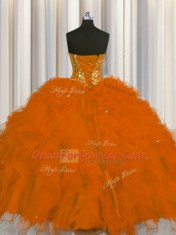 Traditional Visible Boning Rust Red Lace Up Sweetheart Beading and Ruffles and Sequins 15 Quinceanera Dress Tulle Sleeveless