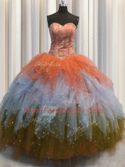 Customized Visible Boning Multi-color Lace Up Quince Ball Gowns Beading and Ruffles and Sequins Sleeveless Floor Length